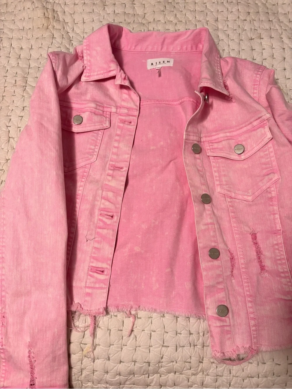 Risen Pink Distressed Denim Jacket